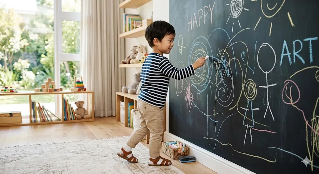 Tường sáng tạo — bé vẽ, xoá, vẽ lại